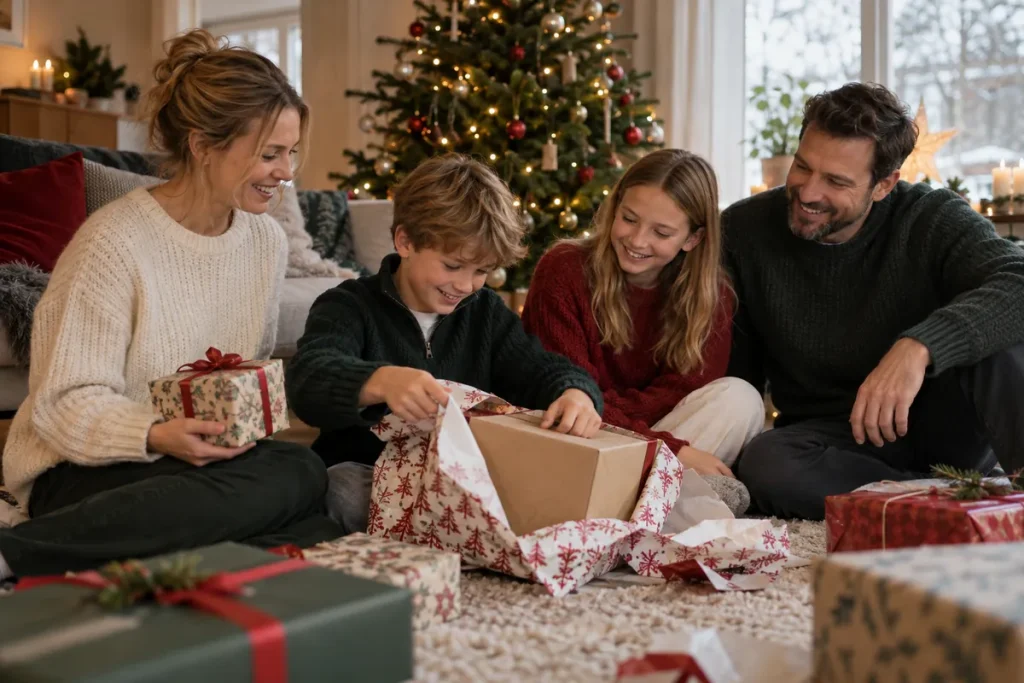 En familj öppnar julklappar tillsammans framför en julgran.