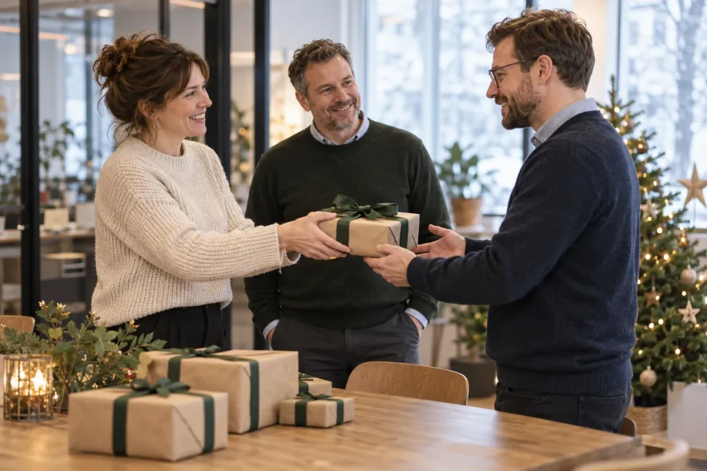 En medarbetare tar emot en inslagen julgåva på en julpyntad arbetsplats.