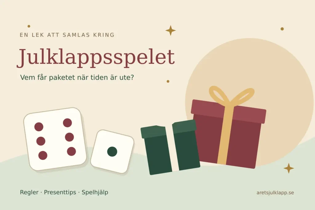 Illustration av inslagna julklappar och tärningar som visar ett och sex inför julklappsspelet